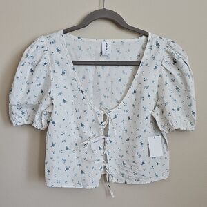 Abound White Floral Blouse with Tie Front